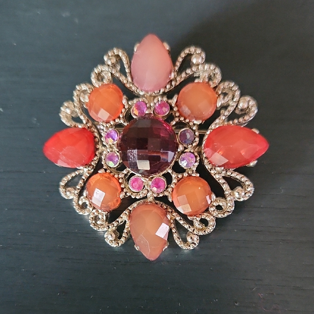 Vintage-Inspired Pink & Orange Floral Crystal Brooch